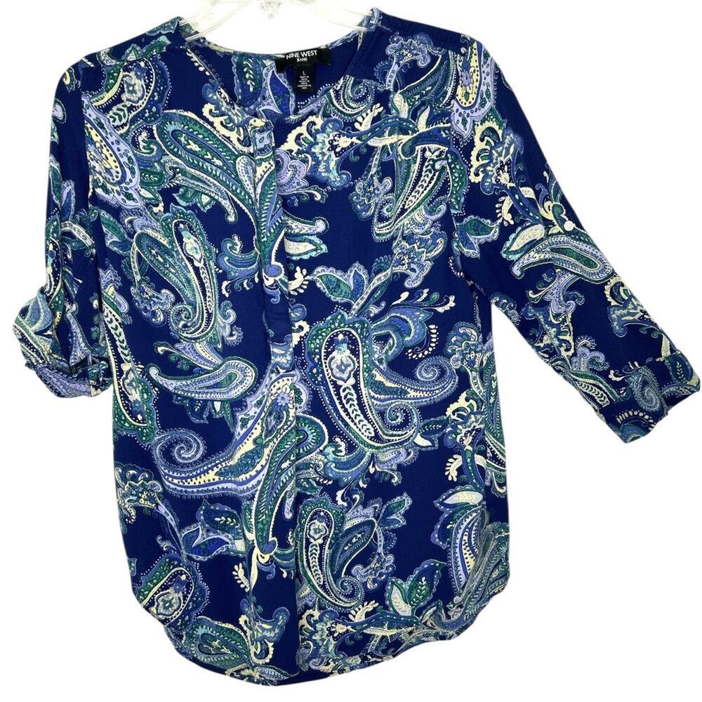 Nine West Jeans Blue Paisley Roll Tab Sleeve 1/2 Button Front Tunic Blouse Large